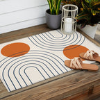 Mid Century Modern Geometric 88 in Navy Blue and Orange (Rainbow and Sun Abstraction) Outdoor Rug Gallery Image 2