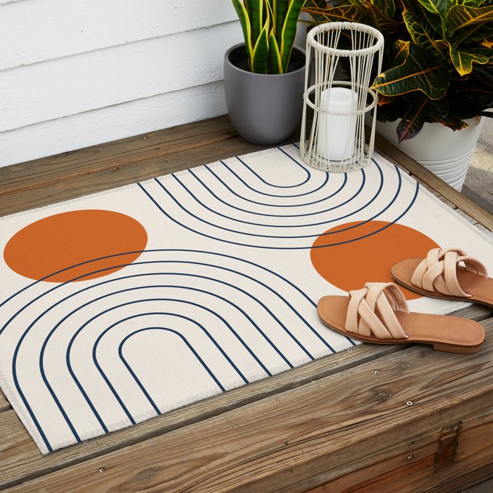 Mid Century Modern Geometric 88 in Navy Blue and Orange (Rainbow and Sun Abstraction) Outdoor Rug Gallery Image 2