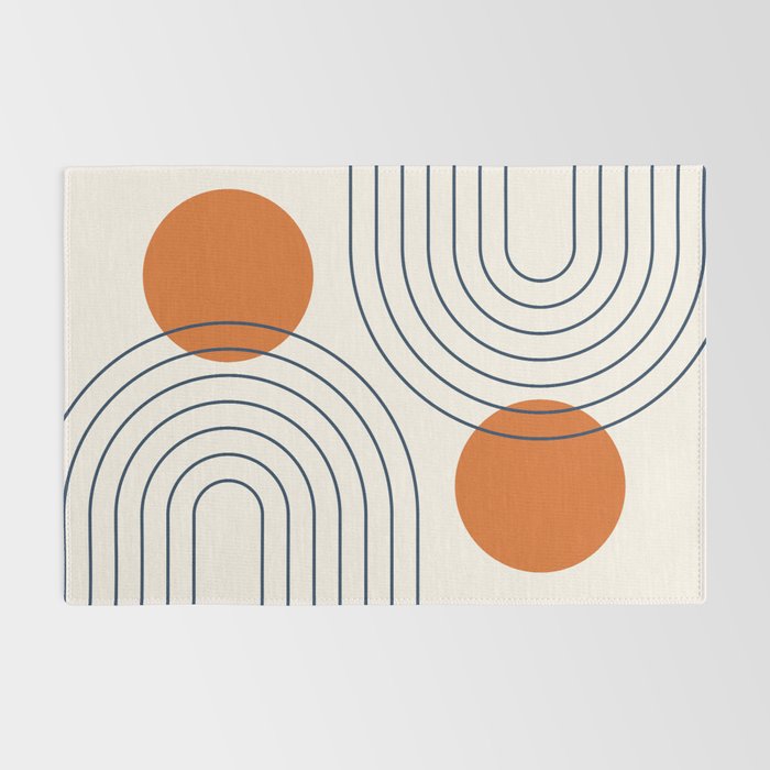 Mid Century Modern Geometric 88 in Navy Blue and Orange (Rainbow and Sun Abstraction) Rug Gallery Image 2
