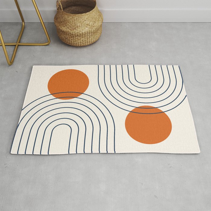 Mid Century Modern Geometric 88 in Navy Blue and Orange (Rainbow and Sun Abstraction) Rug Gallery Image 1