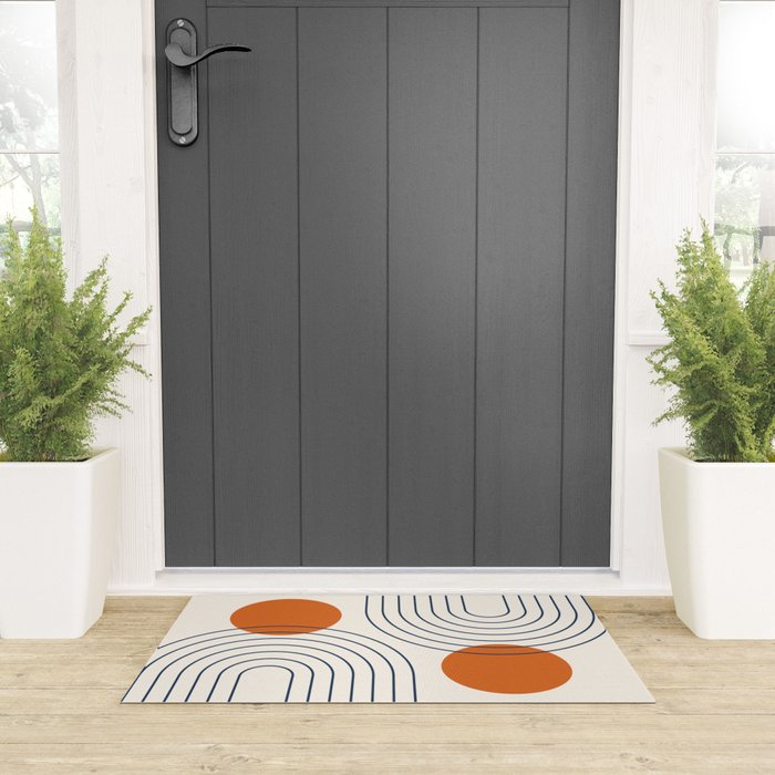 Mid Century Modern Geometric 88 in Navy Blue and Orange (Rainbow and Sun Abstraction) Welcome Mat Gallery Image 3