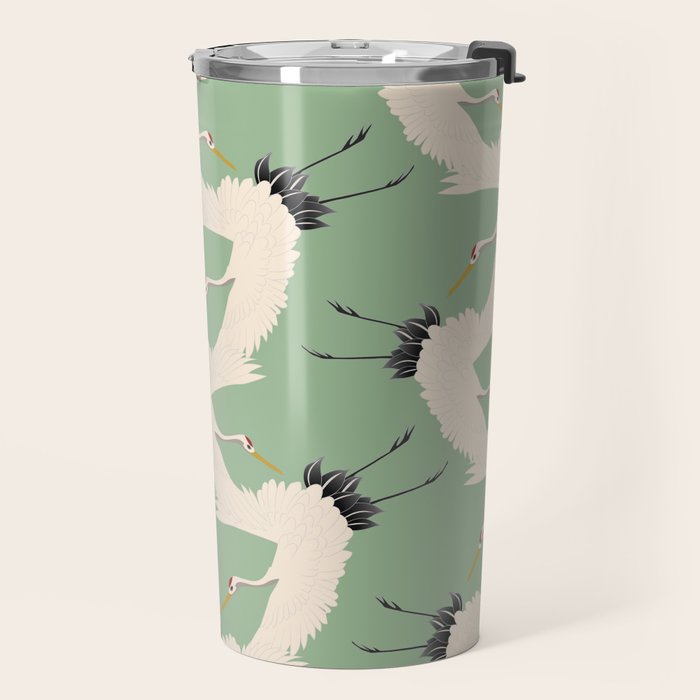 Japanese Cranes on Sage Green Background Travel Mug Gallery Image 2
