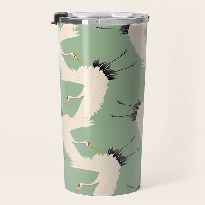 Japanese Cranes on Sage Green Background Travel Mug Gallery Image 3