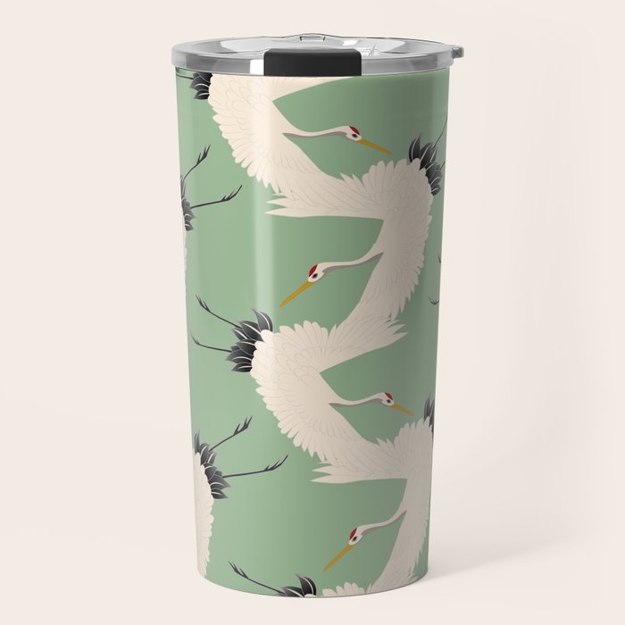 Japanese Cranes on Sage Green Background Travel Mug Gallery Image 1