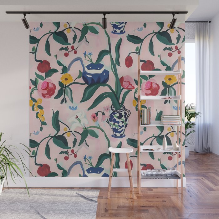 Floral Whimsy on Blush Wall Mural Gallery Image 1