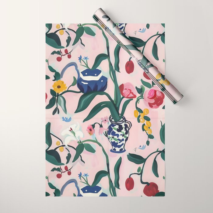 Floral Whimsy on Blush Wrapping Paper Gallery Image 1