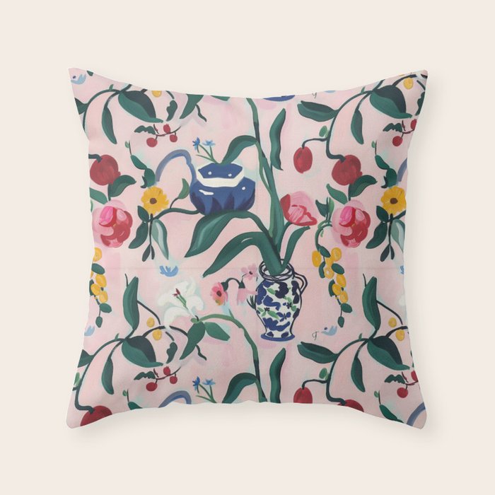 Floral Whimsy on Blush Throw Pillow Gallery Image 1