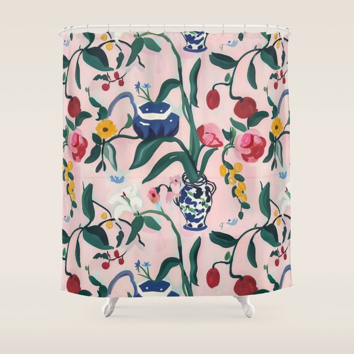Floral Whimsy on Blush Shower Curtain Gallery Image 1