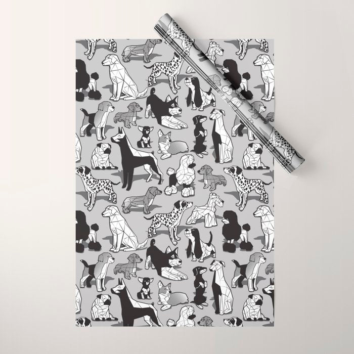 Geometric sweet wet noses // grey background black and white dogs Wrapping Paper Gallery Image 1