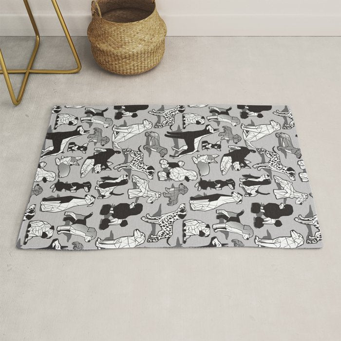 Geometric sweet wet noses // grey background black and white dogs Rug Gallery Image 1