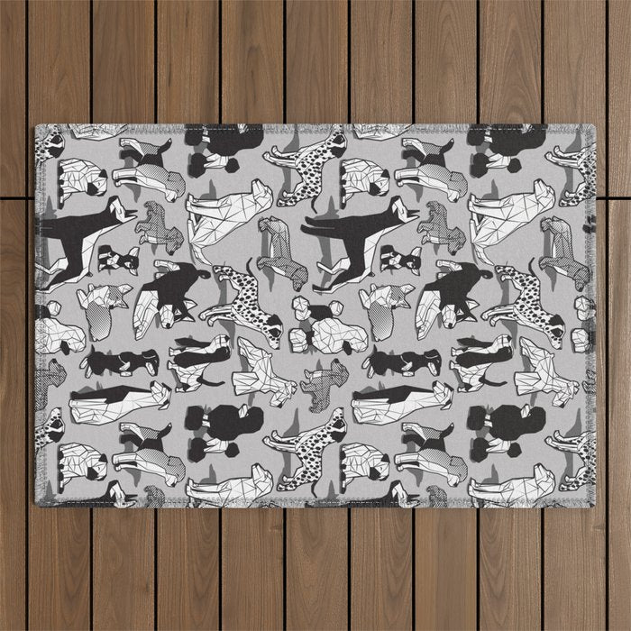 Geometric sweet wet noses // grey background black and white dogs Outdoor Rug Gallery Image 1