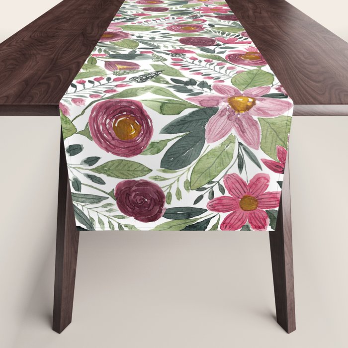 Mauve Pink Forest Green Watercolor Flowers Leaves Table Runner Gallery Image 1