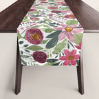 Mauve Pink Forest Green Watercolor Flowers Leaves Table Runner Gallery Image 1
