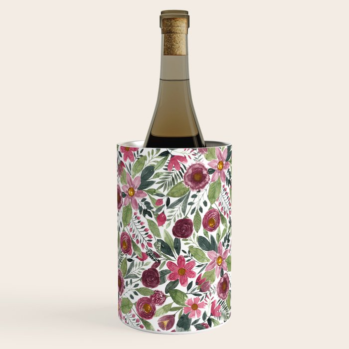 Mauve Pink Forest Green Watercolor Flowers Leaves Wine Chiller Gallery Image 1