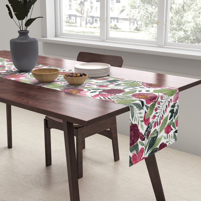 Mauve Pink Forest Green Watercolor Flowers Leaves Table Runner Gallery Image 2