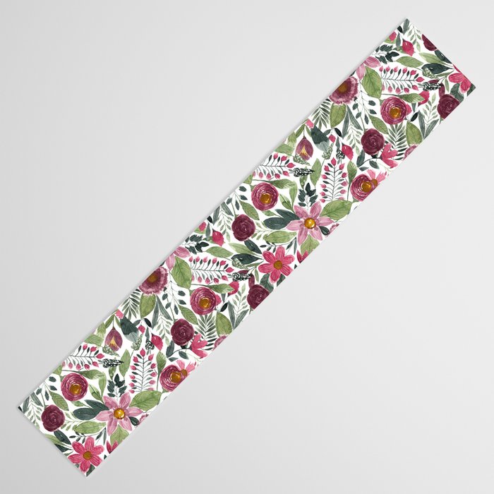 Mauve Pink Forest Green Watercolor Flowers Leaves Table Runner Gallery Image 3