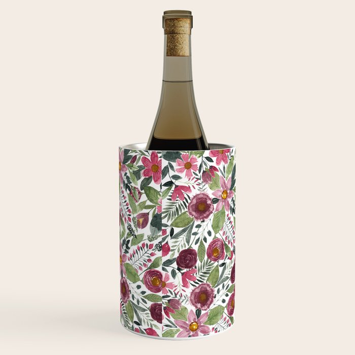 Mauve Pink Forest Green Watercolor Flowers Leaves Wine Chiller Gallery Image 2