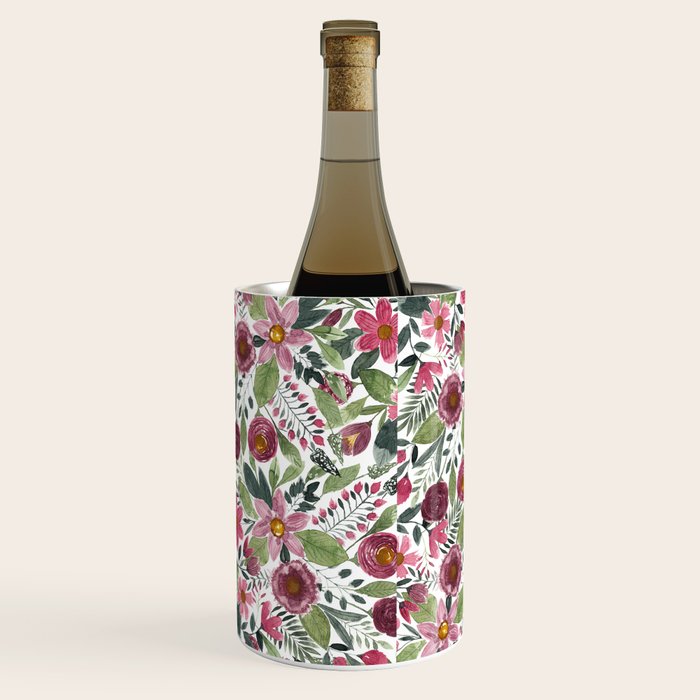 Mauve Pink Forest Green Watercolor Flowers Leaves Wine Chiller Gallery Image 3