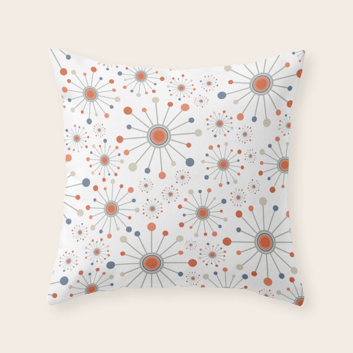 Retro Starburst Mid Century Modern Atomic Stars in Blue Orange Gray Beige Throw Pillow Gallery Image 6