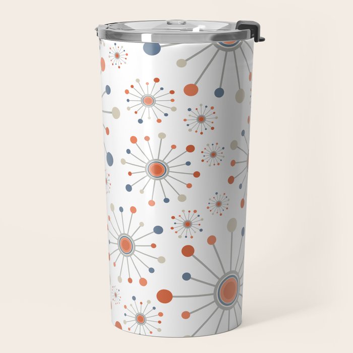 Retro Starburst Mid Century Modern Atomic Stars in Blue Orange Gray Beige Travel Mug Gallery Image 2