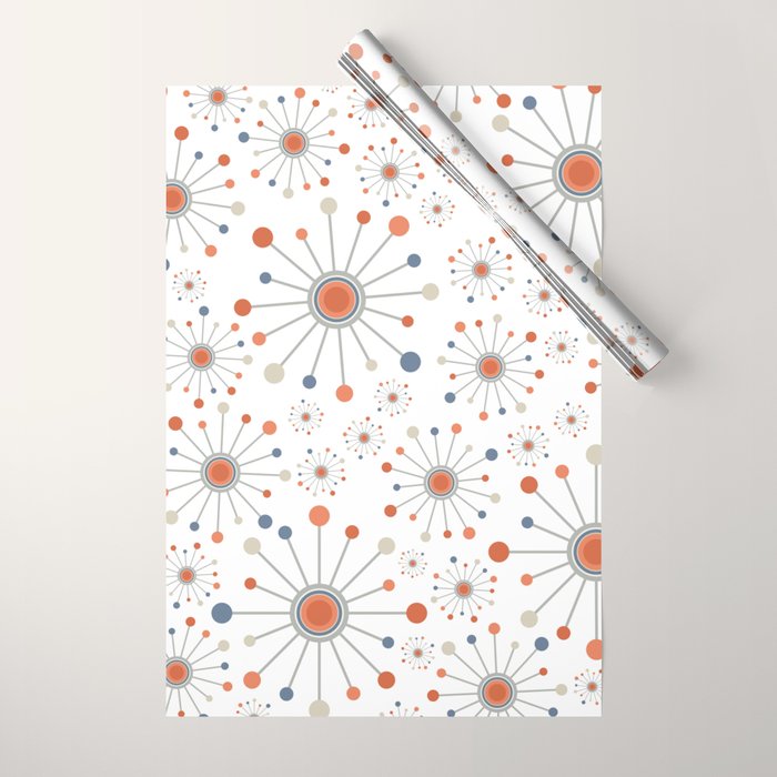 Retro Starburst Mid Century Modern Atomic Stars in Blue Orange Gray Beige Wrapping Paper Gallery Image 1