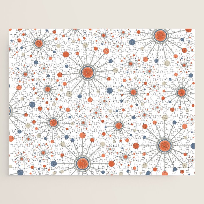 Retro Starburst Mid Century Modern Atomic Stars in Blue Orange Gray Beige Jigsaw Puzzle Gallery Image 1