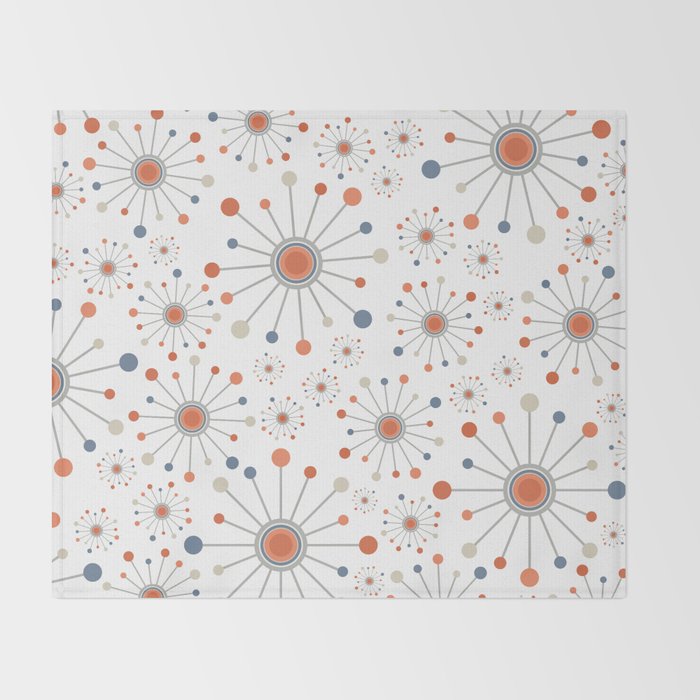 Retro Starburst Mid Century Modern Atomic Stars in Blue Orange Gray Beige Throw Blanket Gallery Image 2
