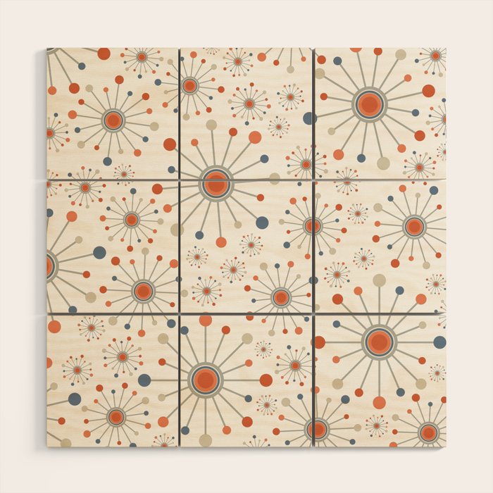 Retro Starburst Mid Century Modern Atomic Stars in Blue Orange Gray Beige Wood Wall Art Gallery Image 1
