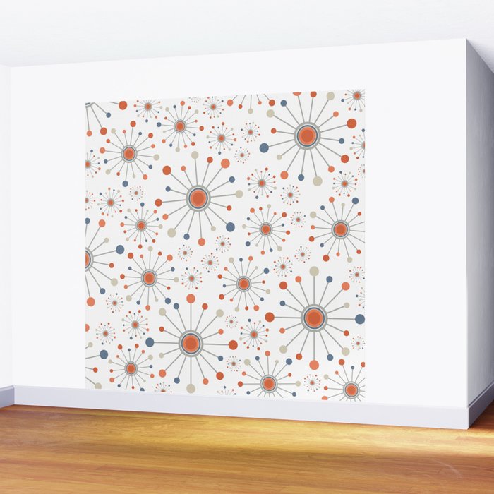 Retro Starburst Mid Century Modern Atomic Stars in Blue Orange Gray Beige Wall Mural Gallery Image 2