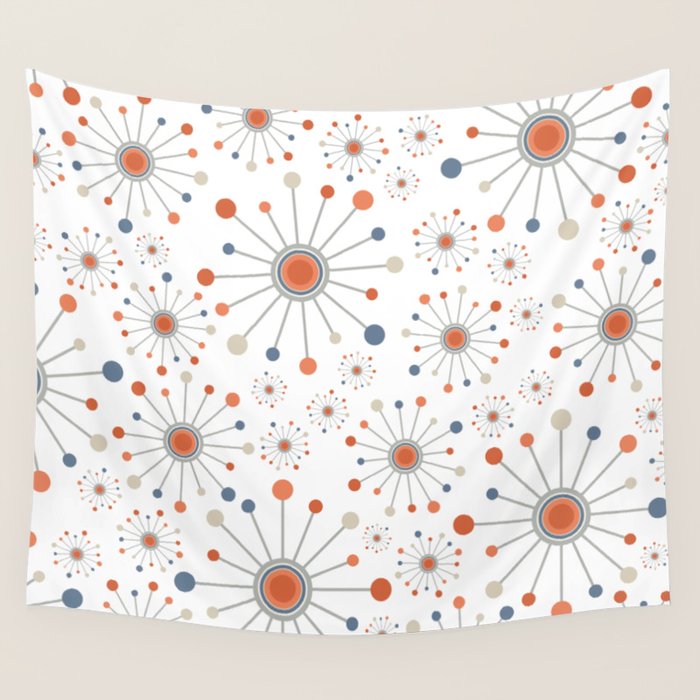 Retro Starburst Mid Century Modern Atomic Stars in Blue Orange Gray Beige Wall Tapestry Gallery Image 4