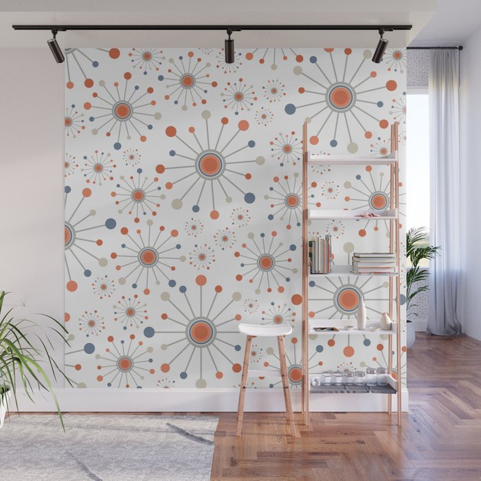 Retro Starburst Mid Century Modern Atomic Stars in Blue Orange Gray Beige Wall Mural Gallery Image 1