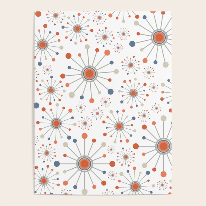 Retro Starburst Mid Century Modern Atomic Stars in Blue Orange Gray Beige Poster Gallery Image 4