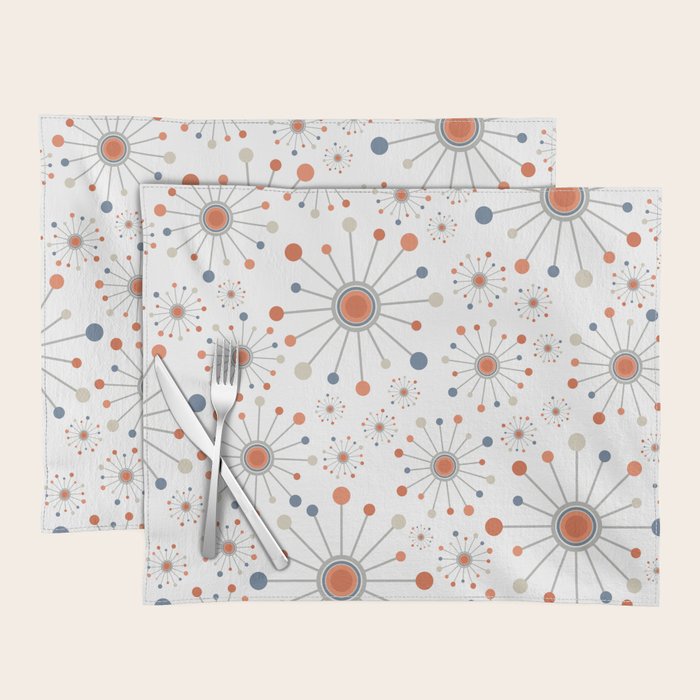 Retro Starburst Mid Century Modern Atomic Stars in Blue Orange Gray Beige Placemat Gallery Image 1