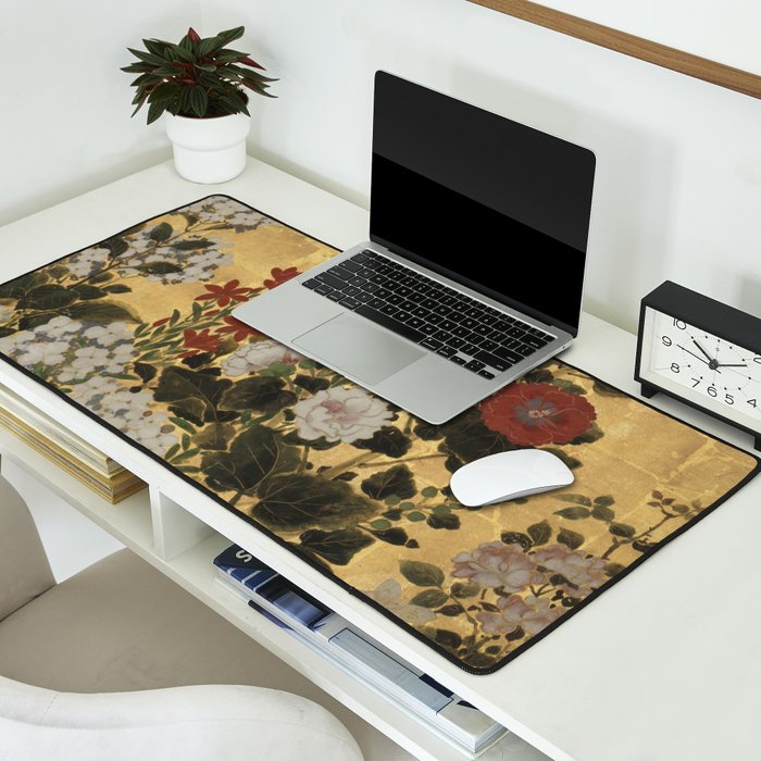 Flowers & Grapes Vintage Japanese Floral Gold Leaf Screen Desk Mat Gallery Image 2