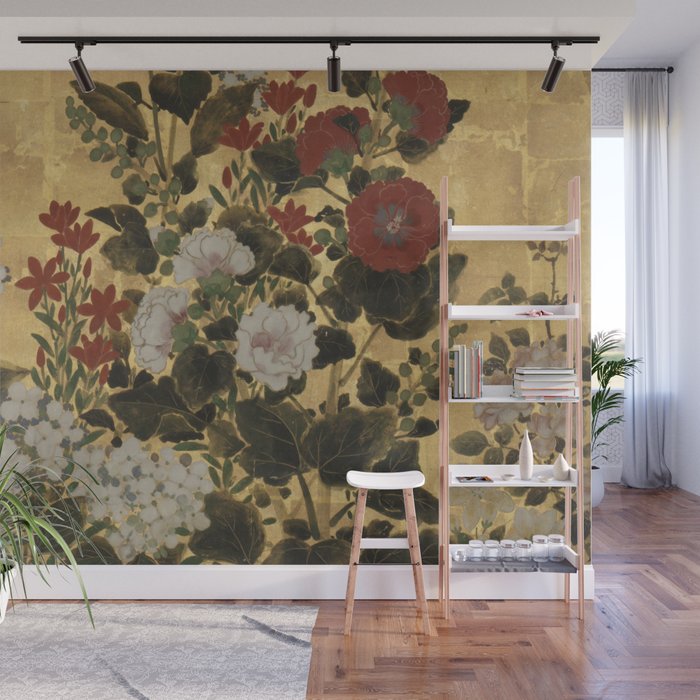 Flowers & Grapes Vintage Japanese Floral Gold Leaf Screen Wall Mural Gallery Image 1
