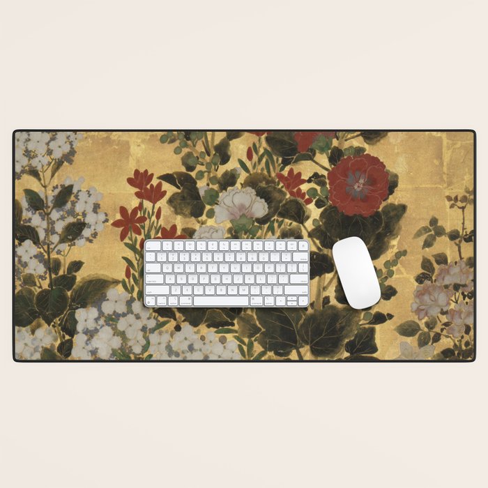 Flowers & Grapes Vintage Japanese Floral Gold Leaf Screen Desk Mat Gallery Image 1