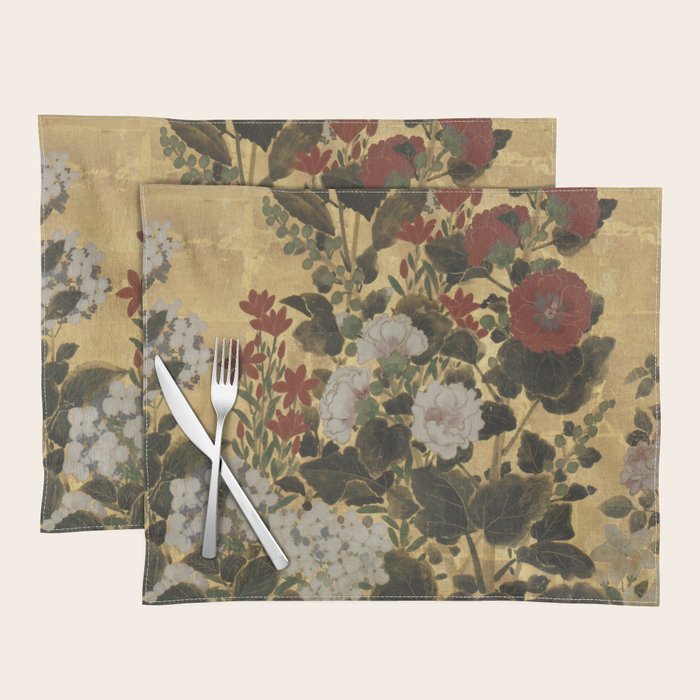 Flowers & Grapes Vintage Japanese Floral Gold Leaf Screen Placemat Gallery Image 1