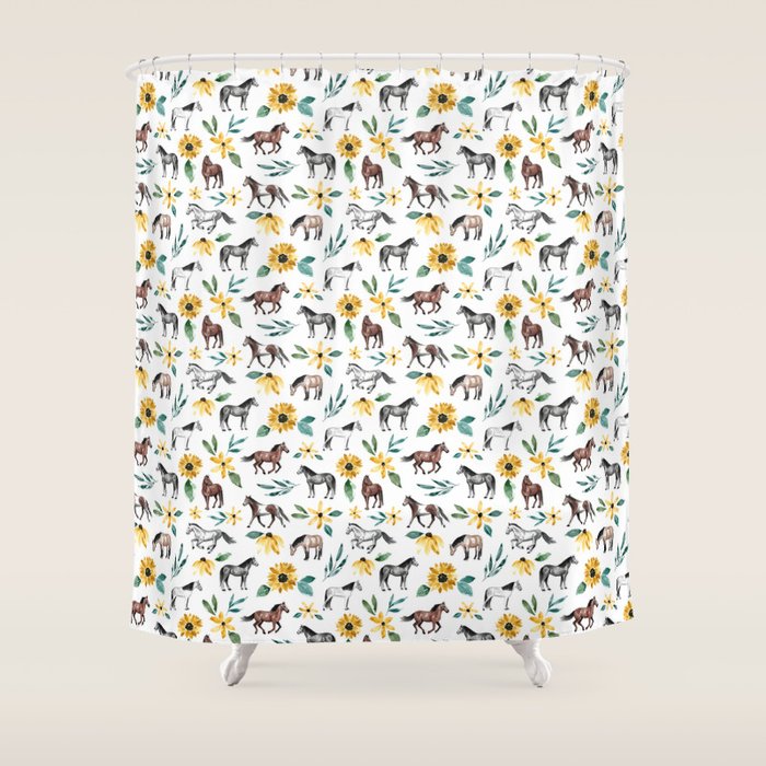Horses and Sunflowers, Horse Art, Horse Decor, Yellow Flowers, Equestrian Art Shower Curtain Gallery Image 1
