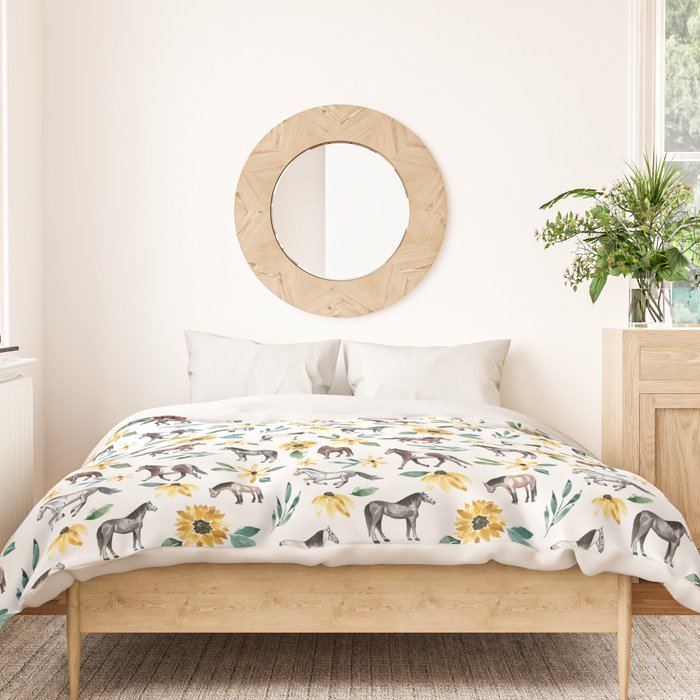 Horses and Sunflowers, Horse Art, Horse Decor, Yellow Flowers, Equestrian Art Duvet Cover Gallery Image 3