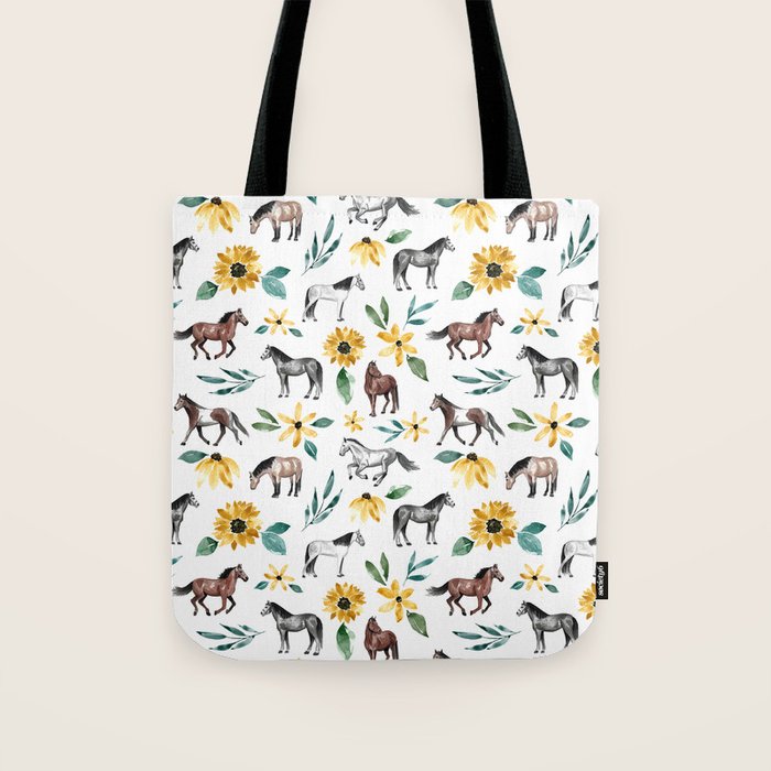 Horses and Sunflowers, Horse Art, Horse Decor, Yellow Flowers, Equestrian Art Tote Bag Gallery Image 1