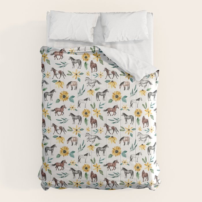 Horses and Sunflowers, Horse Art, Horse Decor, Yellow Flowers, Equestrian Art Comforter Gallery Image 6
