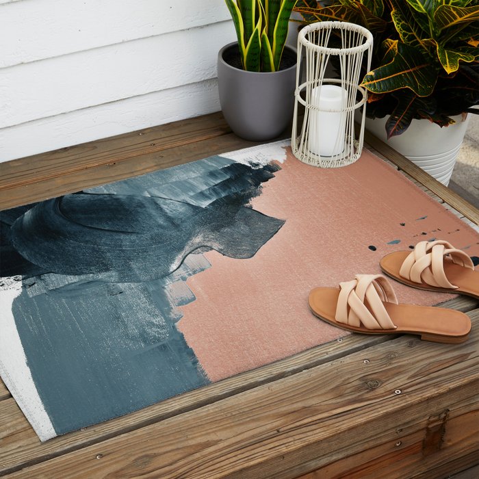 Renew: a minimal abstract piece in coral and blue by Alyssa Hamilton Art Outdoor Rug Gallery Image 2