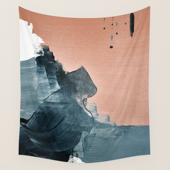 Renew: a minimal abstract piece in coral and blue by Alyssa Hamilton Art Wall Tapestry Gallery Image 1