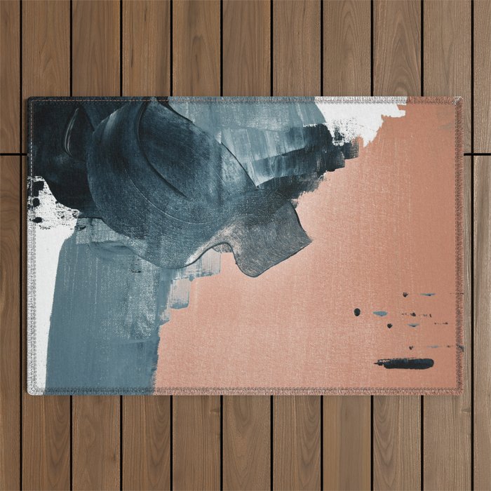 Renew: a minimal abstract piece in coral and blue by Alyssa Hamilton Art Outdoor Rug Gallery Image 1