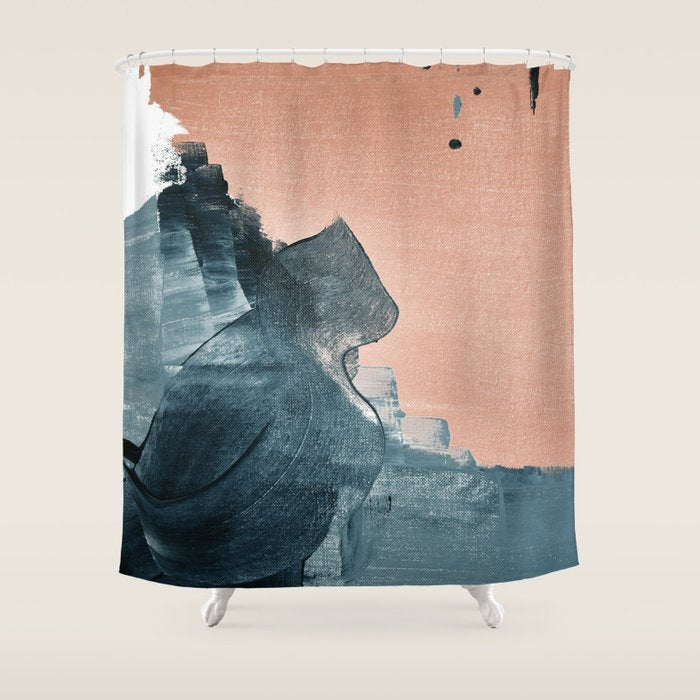 Renew: a minimal abstract piece in coral and blue by Alyssa Hamilton Art Shower Curtain Gallery Image 1