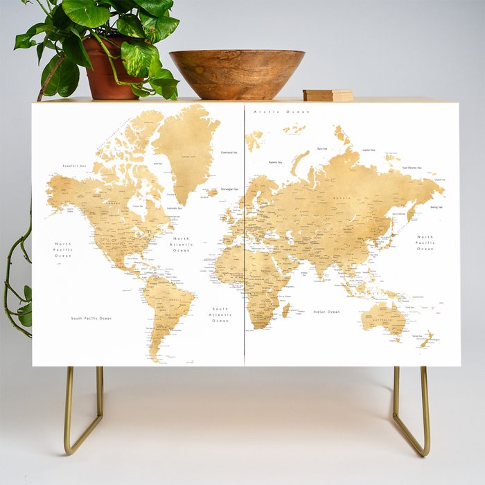 Gold world map with cities Credenza Gallery Image 1