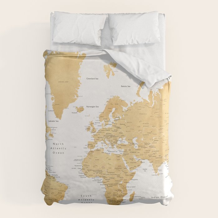 Gold world map with cities Duvet Cover Gallery Image 1