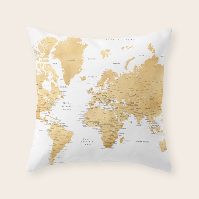 Gold world map with cities Throw Pillow Gallery Image 6
