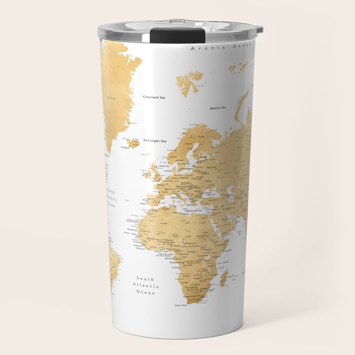 Gold world map with cities Travel Mug Gallery Image 1