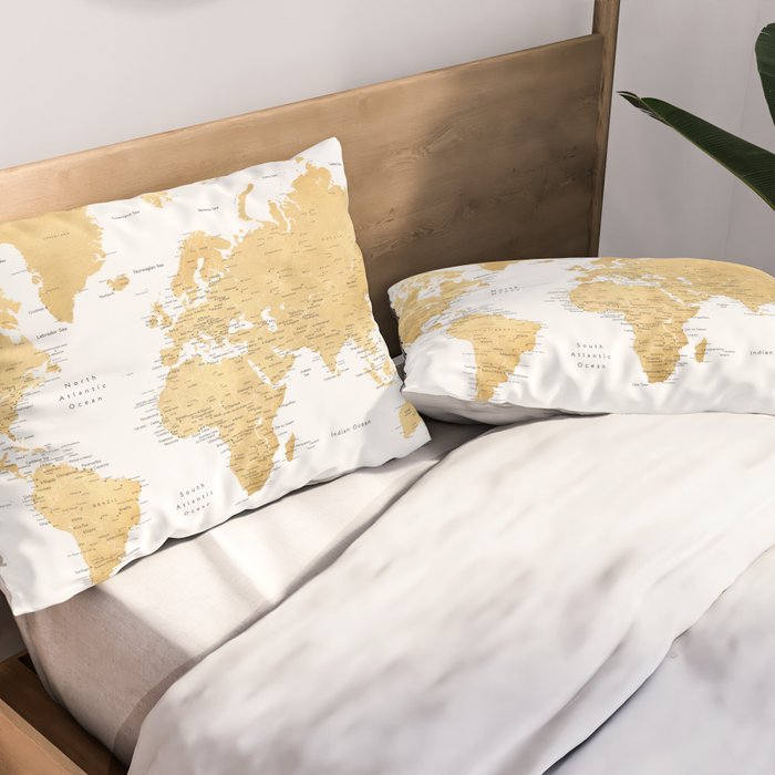 Gold world map with cities Pillow Sham Gallery Image 2